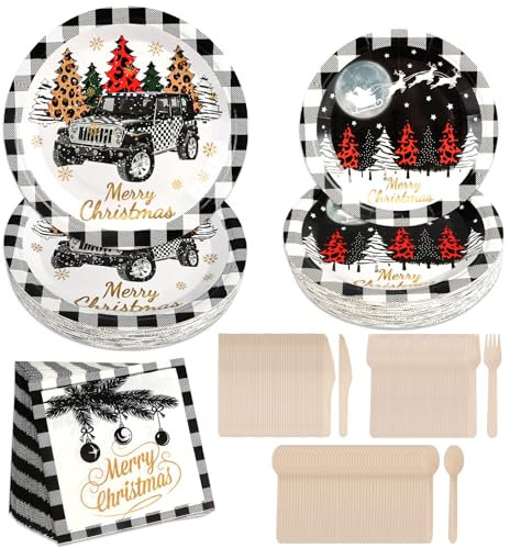 300 piezas de vajilla navideña, EBANKU juego de vajilla para fiesta navideña (para 50 personas) con platos de papel para la cena, platos para ensalada, servilletas y cubiertos, negro