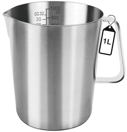 WPPQWP Vaso medidor de acero inoxidable de 1 L, vaso medidor de metal con asa, acero inoxidable 304 de calidad alimentaria, con escala de onzas y ml, apto para lavavajillas, jarra de leche, cafetera,
