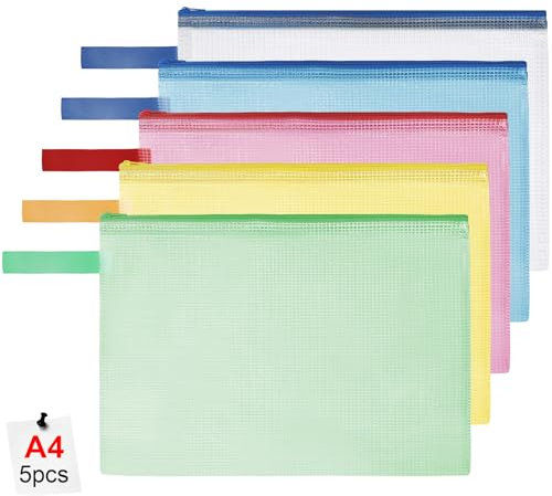 OFFCUP Dokumententasche A4, 5 Stück Mesh Dokumentenmappe Wasserdichte mit Reißverschluss und Griff Wasserdichte, Verdicktem PVC Datei Tasche für Schule Zuhause Büro Reisen Kosmetika