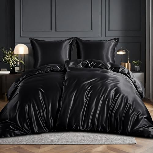 RUIKASI Satin Bettwäsche 135x200 4teilig - Seidig Bettbezug Schwarz mit Glanz wie Seiden Bettwäsche Set für Haar und Haut, Glänzend Bettwäsche 135x200cm mit Reißverschluss und Kissenbezug 80x80cm