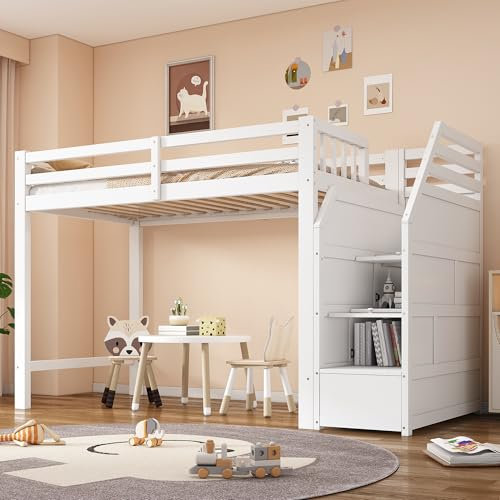 Loftsäng 90 x 200 cm med ribbotten, furu, vit, räcke, förvaringsstege, öppet utrymme för barn, EN747-certifierad, utan madrass, säker och praktisk, perfekt för barnrum.