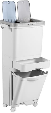 Fiqops Mülleimer Küche 42L mit 3 Fächern, Küchenabfalleimer, Trocken und Nasstrennung, Tretmülleimer mit Deckel und Rädern für Küche, Büro und Wohnung, Weiß