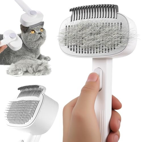 Katzenbürste 2-in-1,Selbstreinigende Katzenhaarbürste von der Bürste mit Einem Knopf|Einstellbare Borstenlänge|und Unterfellbürste Katze|gegen Verfilzungen| - für Langhaar und Kurzhaar, Weiß