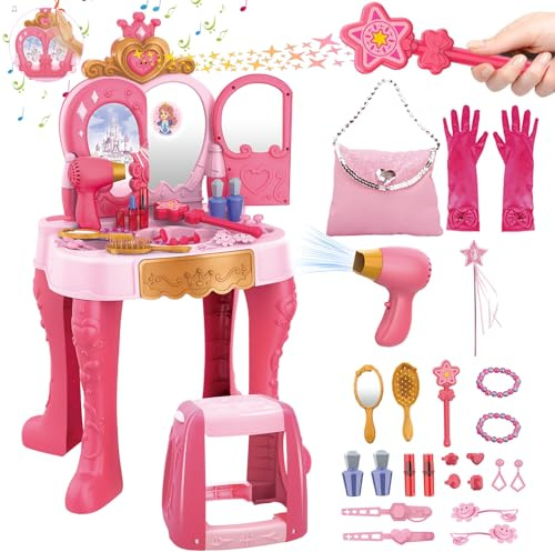 deAO Postazione Trucco Bambina con Specchio Magico e Sgabello, Toeletta Giocattolo con Luci e Suoni, Specchiera Principessa con Bacchetta Magica e Accessori da Trucco per Bambine