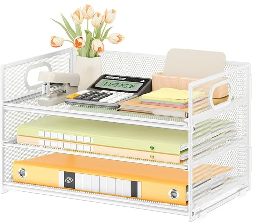 VITVITI Organizador de Escritorio, Bandeja para Cartas de 3 Niveles y 1 Bandeja para Cartas Deslizante, Malla Papel Organizador, Archivo Estantería para Oficina Casa Accesorios - Blanco