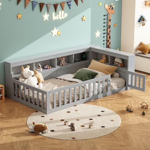 LAKFEW Bodenbett 90x200 cm Kinderbett mit Rausfallschutz und USB-Anschluss, Bett mit Stauraum Staufach, Jugendbett Holzbett mit Lattenrost, Kinderzimmer Möbel, Ohne Matratze, Grau