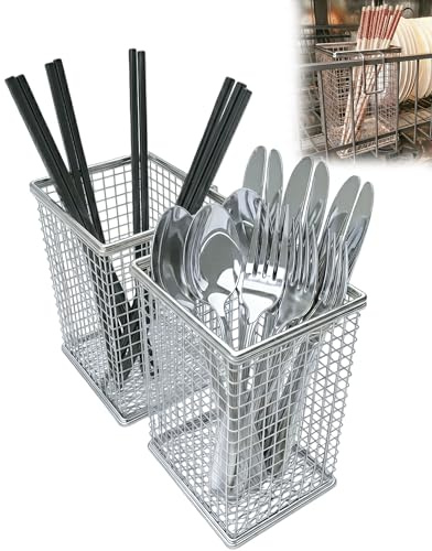 Flyheart 2Pcs Dishwasher Cutlery Basket, 304 Stainless Steel Dishwasher Chopstick Basket with Hooks, Straw & Silverware Drying Rack for Organizing Knife, Fork, Spoons and Small Kitchen Tools