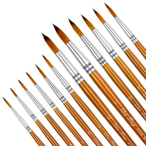 JJUNW Set med 12 akvarellpenslar, nylonpensel, rund penselset, utskurning, hårborste för akvarell akryl, oljemålning, nylon, akrylfärger, pensel(brun)