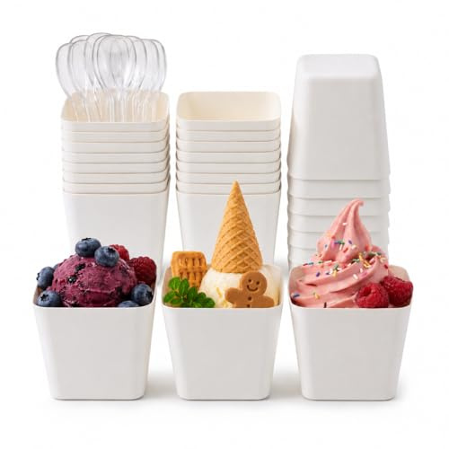 CIYIN Coppette Gelato Carta 50 Pezzi, Coppe Gelato di Carta con Cucchiaio, Bicchieri Carta Dessert, Impilabile Coppetta Cart-a per Yogurt, Frutta (A, 25 Pezzi)