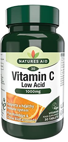 Natures Aid Low Acid Vitamin C 1000mg – High Strength Immune Support, Antioxidant Protection – Gentle on Stomach – Supports Collagen, Skin, Energy & Iron Absorption – Vegan - 30 Tablets
