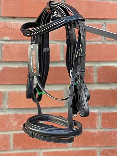 PADDED COMFORT LEATHER BRIDLE DIAMANTE BROWBAND WITH SOFT REINS BLACK/CLEAR (Black, Pony)