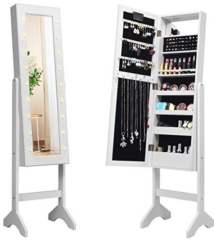 Multigot Jewellery Cabinet, LED Light Jewellery Standing Mirror Lockable Armoire, Adjustable Freestanding Makeup Storage Organizer Unit with Full Length Mirror for Bedroom and Dressing Room (White)