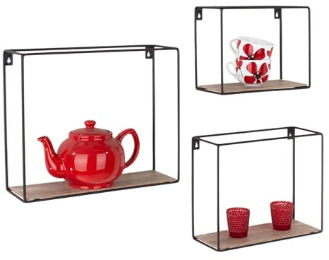 Core Products, Loft Wire Set of 3 Rectangular Display Wall Shelf- Black Metal Frame and Wood Effect