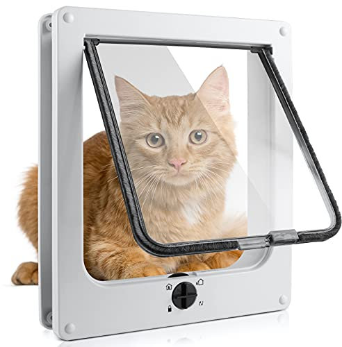 Sailnovo Katzenklappe 4-Way Magnetic Lock hundeklappe Haustiertüre Cat Flap große， 19.5*22*6 cm Dog Cat Pet Door Flap Easy Install with Telescopic Frame with Heavy Duty Quiet Magnetic Frame, M Weiß