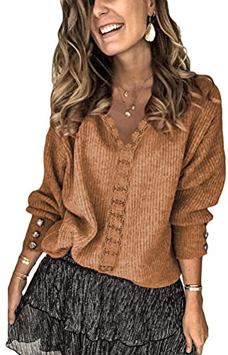 Onsoyours Femmes Couleur Unie Pull Boutons Décor À Manches Longues Col Rond Pull Tricoté Blouse Hauts Décontracté Ample T-Shirt Cardigan À Boutonnage Simple Rayé A Marron 3XL