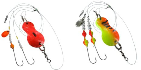 blntackle76 Set 2 Stück Buttlöffel von Jenzi Plattfisch Blinker montiert 60 Gramm orange Glitter & 80 Gramm grün/rot/Tiger Glitzer + gratis Petri Heil! Aufkleber