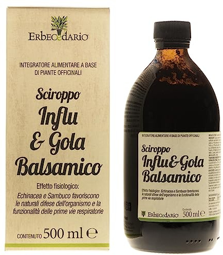 Erbecedario sciroppo Influ&Gola balsamico, favorisce il benessere delle vie respiratorie, integratore difese immunitarie con propoli lenitivo su naso e gola per adulti e bambini, 1 Flacone da 500ml