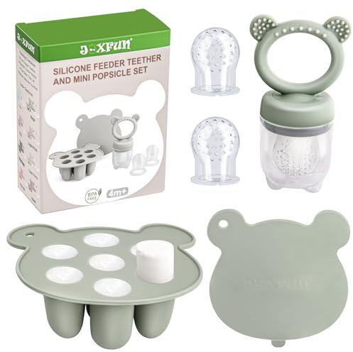 JEXFUN Fruchtsauger Baby ab 6 Monate, Obstschnuller für Babys mit Silikone Babynahrung Aufbewahrung Tablett, Zahnungshilfe Baby Kühlend, 3 Größen für Kleinkinder von 3 bis 24 Monaten, BPA-frei-Grün