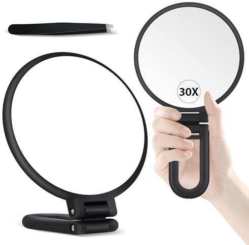 B Beauty Planet Espejo de aumento de 30X, espejo de mano con asa, espejo de mano de doble cara con aumento de 30X/1X, espejo de viaje esencial, espejo de maquillaje plegable portátil para maquillaje