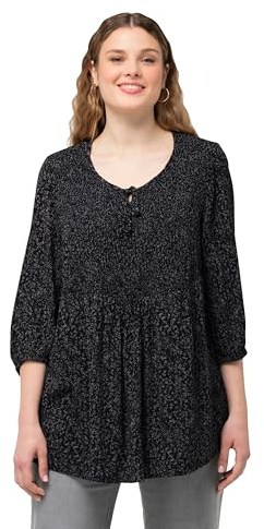 Ulla Popken Blusa Smok con Estampado de Puntos 830258, Negro, 44-46 Mujeres