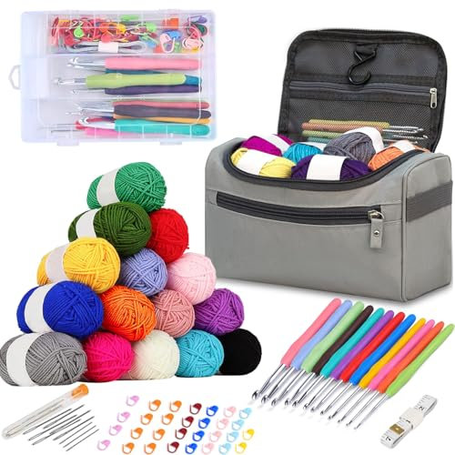 LOSYHU 69 Pcs Crochet Yarn Kit for Beginners, Crochet Hooks Set Full Size Soft Handles Knitting Needles, DIY Crochet & Knitting Accessories with Storage Bag Crochet Kits for Beginners Adults (Grey)