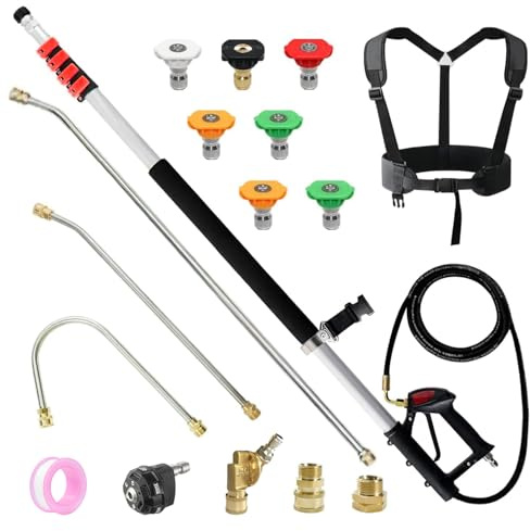 25.5 FT Pressure Washer Telescoping Wand with 3 Gutter Cleaner Extension Wands, 7 Spray Nozzles, 1 6-in-1 Nozzle, Pivoting Coupler, 2 Hose Adapters, Support Harness & Teflon Tape