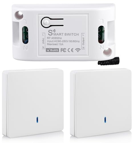 BORDEAG Interrupteur D'Éclairage Kit Interrupteur Sans Fil Interrupteur Mural Sans Fil Sans Pile Set D'interrupteurs Sans Fil Avec 1 Récepteur 2 Interrupteurs, Interrupteur D'Éclairage Radio