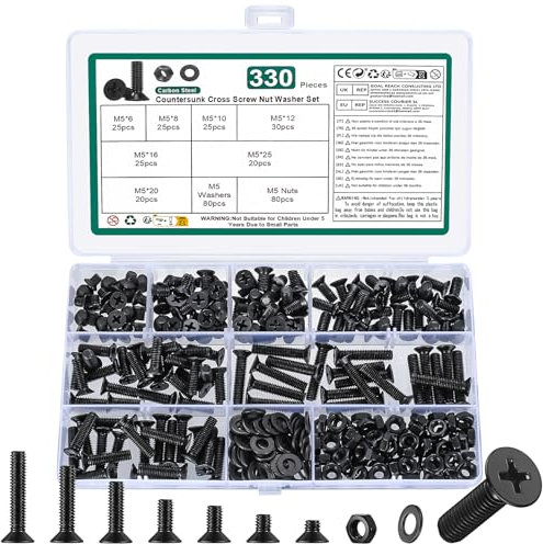 Juego de Tornillos Avellanados M5 con Tuercas y Arandelas - Pernos de Cabeza Plana de Cruz Negra para Máquina