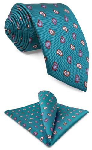 S&W SHLAX&WING Set de Corbata y Pañuelo de Bolsillo Azul Verde Paisley para Hombre 147cm