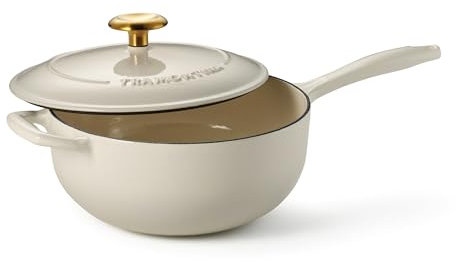 Tramontina Bestow Enameled Cast Iron Saucier Pan with Lid, 3-quart, Latte with Gold Knob