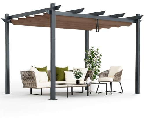 COSTWAY 3.6 X 2.9m/3.68 X 3.05m Metal Pergola with Retractable Roof, Large Garden Pergola with Sun Shade Canopy, Outdoor Heavy-Duty Grape Trellis Gazebo for Patio Party BBQ (Coffee, 3.6 X 2.9m)