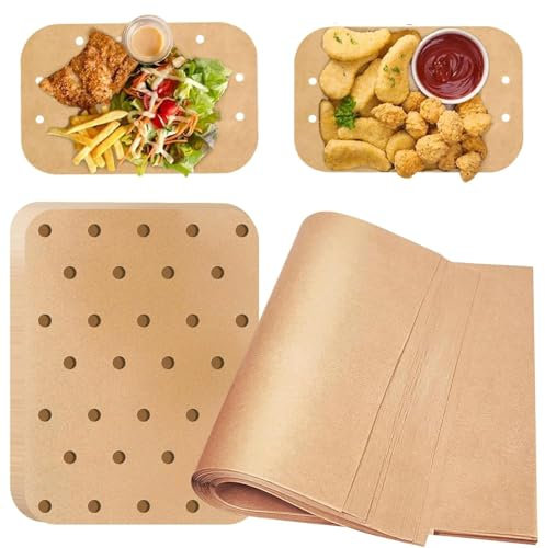 CoKeeSun 200 Feuilles Papier Cuisson Air Fryer, Deux Tailles Antiadhésif Papier Sulfurisé, Perforé Papier Pour Air Fryer Résistant à la Chaleur Reutilisable Pour Friteuse à Air（23×33cm)（14×20.5cm）