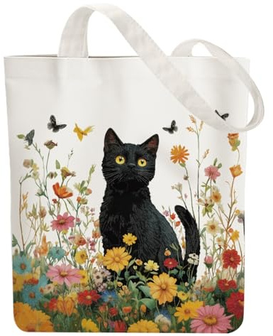 ANATTASOUL Bolsa de Tela Impresa Gato Negro En Flor, Tote Bag Tela Mujer,Shopper Algodón 38 * 40cm, Beige Bolsa de Transporte para Mujer, Saco Tote Bag de Lona Regalo con Cierre de Cremallera