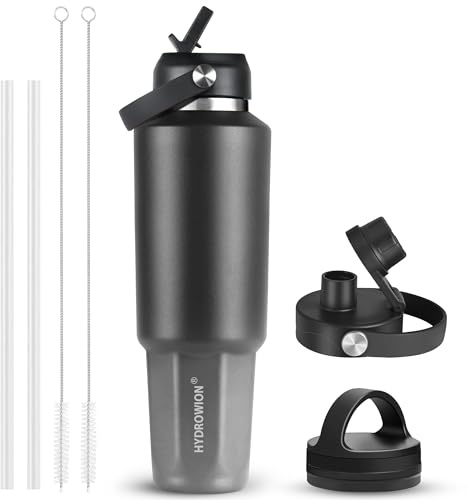 HYDROWION 40 oz Insulated Water Bottle, Car Water Bottle Holder - Double Wall Vacuum Insulated Travel Bottle with Straw Lid, Spout Lid and Flex Cap - Cold for 24H, Hot for 12H, Black - Grey