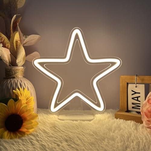KAEGORT Star Neon Schild, 25*25cm LED Schild mit Sockel Wanddeko Schreibtisch-Dekoration Leuchtschild Neonlicht für Schlafzimmer Szene Einstellung Geburtstagsgeschenk(USB Dimmer, Mit Montagezubehör)