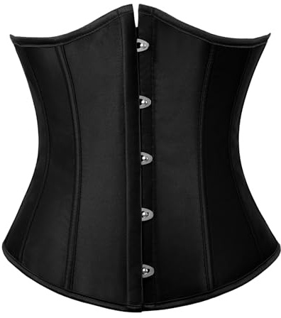 TRIWORKS Women's Black Underbust Corset Satin Waist Cincher Lace Up Corset Underbust Boned Brocade Waist Training Halloween XL