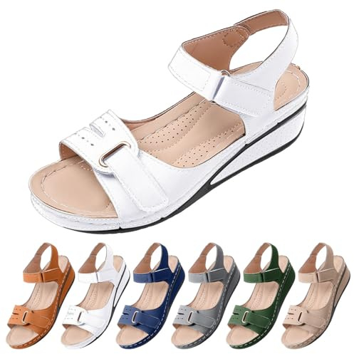 Ladies Wide Fit Sandals, Arch Support Sandals for Women Wide Fit Orthopedic Wedge Ladies Summer Walking Fasciitis Plantar Shoes Open Toe Ankle Strap Comfort Outdoor Anti-Slip Beach Footwear White