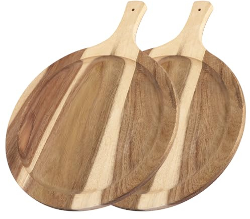CYEER 2 tablas de charcutería para pizza, tabla de cortar de acacia de 12 pulgadas con mango de pala, tablas redondas de queso y tabla de servir para pizza, queso, panes, carnes y plato para servir