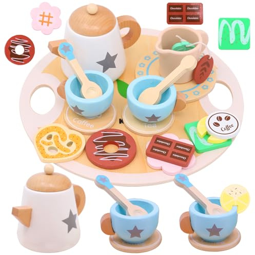 Kunaxku Set da tè in legno per bambini Cucina giocattolo per giochi di ruolo, accessori per bambini, regalo in legno perfetto per piccoli