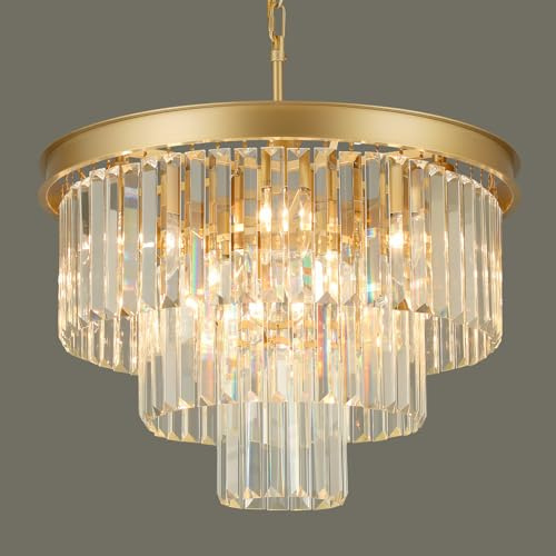 Weesalife Crystal Chandeliers for Dining Room Lights Fixtures, 9 Lights Gold Modern Chandeliers for Bedroom, 3-Tier Round Crystal Lighting Fixtures for Living Room Entryway Kitchen Island D20 Inch