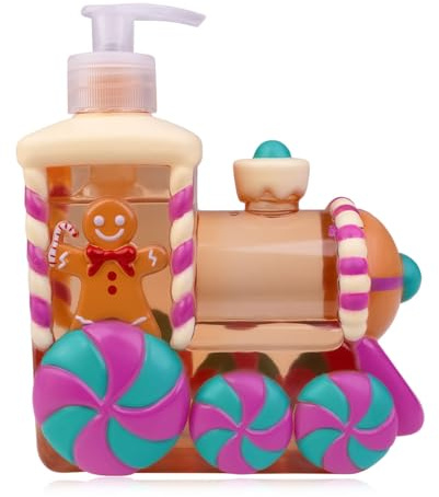 Savon liquide Accentra TRAIN EN PAIN D'ÉPICES, flacon pompe de 500 ml, parfum pain d'épices, cadeau de Noël festif pour femmes, hommes et enfants, avec un adorable motif de train en pain d'épices