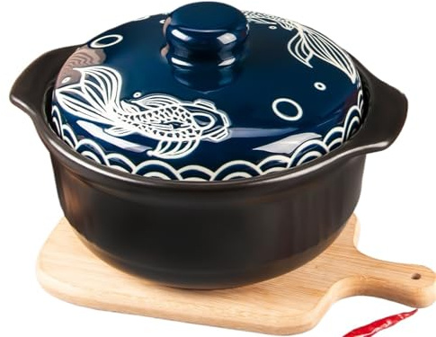 Olla for estofado de cazuela cerámica 114oz/3400ml, con patrón en relieve pescado azul, perfecta for cocina a fuego abierto, Gas, sopa Para Horno