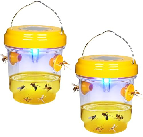 Trappola per Vespe e Calabroni con Luce LED Solare, Trappola Vespe da Esterno Riutilizzabile a Doppia Entrata, Senza Prodotti Chimici, per Giardino Balcone Terrazza Campeggio (2 Con luce)