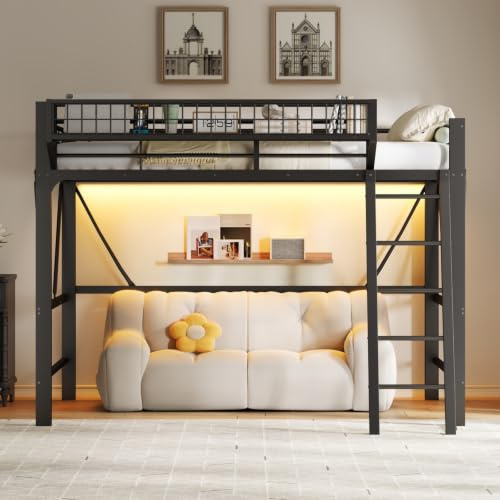 Sweiko Lit Mezzanine 140x200 cm en Métal avec Éclairage LED et Rangement | Lit Double, Panier de Rangement, Barrières de Sécurité, avec Échelle, sans Matelas, Noir, pour Ado, Adulte, Gain de Place