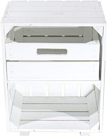 Vintage Möbel 24 GmbH Weißer Nachttisch mit Schublade 30,5cm x 40cm x 54cm Nachtschrank Tisch Regalkiste Weinkiste Obstkisten Apfelkisten Weiss Shabby chic Tisch Ablage Landhaus DIY klassisch