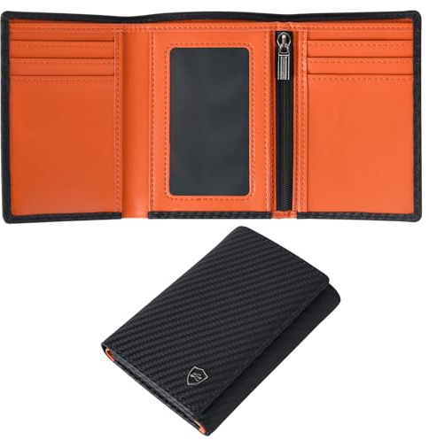 LIVLOKO London RFID Anti Theft Wallet for Men UK Small Slim Thin Carbon Fibre Wallet Coin Pocket Storage Card Holder Exclusive Gents Custom Designer Premium Birthday Gift Box Handmade Black & Orange