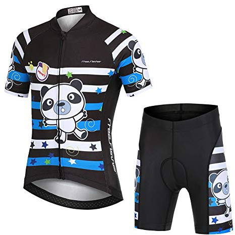 YFPICO Traje de Ciclismo Niño/Niña Maillot Transpirable para Deportes al Aire Libre,Bicicleta Camiseta Manga Corta + Pantalon Corto con Asiento Acolchado, Negro+Blanco+Azul, 134/140
