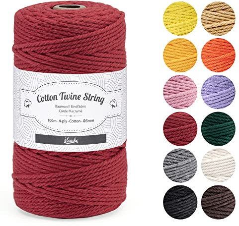 Natürliches garn 3mm,ilauke 100m Natürliche Baumwollgarn, Superweiche Schnur Natur Macrame Cord aus 4-lagig Makramee Baumwollkordel für DIY Handwerk Basteln Wand Aufhängung Pflanze Aufhänger,Rot