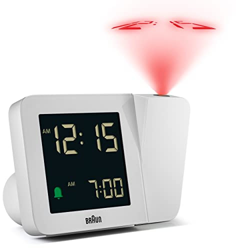 Braun Digital Projection Alarm Clock with 4 Backlight Options, Negative LCD Display, Quick Set, Beep Alarm in White, Model BC15W