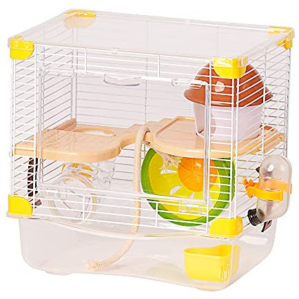 Roborowski Hamsterkäfig, 27 x 21 x 27 cm, kleine Hamstertränke, Futternapf, Gelb
